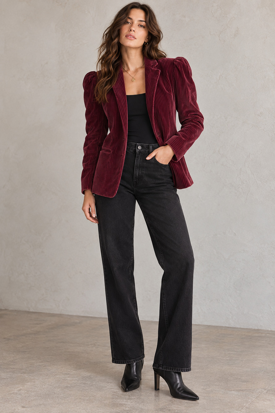 Vintage 80s Perry Ellis Burgundy Velvet Blazer Puff Sleeve Womens 6